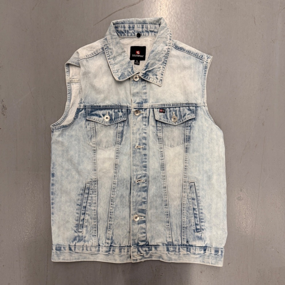 Southpole Mens Denim Vest Acid Wash Button Front Sleeveless Jacket L